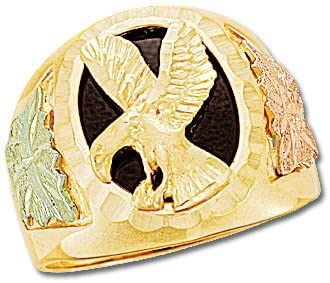 Men's Eagle Ring with Oval Onyx, 10k Yellow Gold, 12k Green and Rose Gold Black Hills Gold Motif, Size 11.5