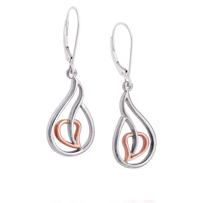 Blooming Hearts Dangle Earrings, Rhodium Plated Sterling Silver, 10k Rose Gold