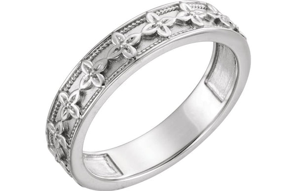 Vintage-Style Floral Brocade 4.5mm Stackable Ring, Rhodium-Plated 14k White Gold