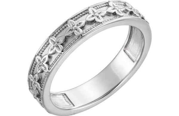 Vintage-Style Floral Brocade 4.5mm Stackable Ring, Rhodium-Plated 14k White Gold, Size 8.75