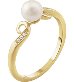 White Freshwater Cultured Pearl and Diamond Ring, 14k Yellow Gold (5.00MM) (.02 Ctw, H+ Color, I1 Clarity)