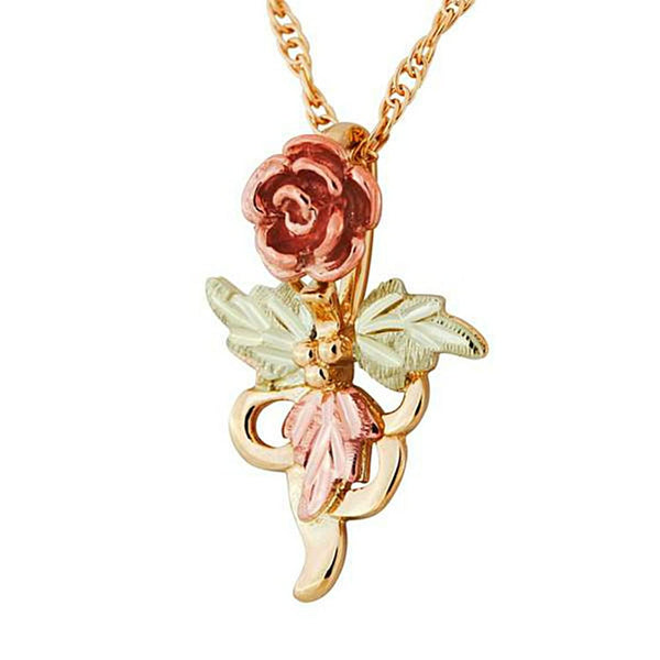 Ave 369 Blooms Rose Pendant Necklace, 10k Yellow Gold, 12k Green and Rose Gold Black Hills Gold Motif, 18"