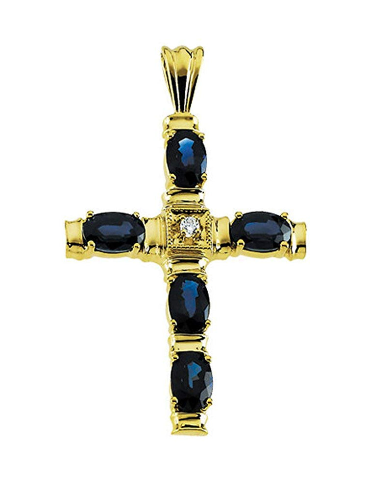 Genuine Sapphire and Diamond Cross 14k Yellow Gold Pendant
