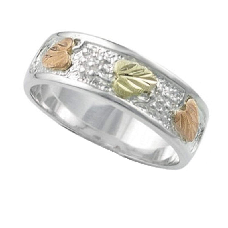 Frosty Leaf Mirror Polished Band Ring, Sterling Silver, 12k Green and Rose Gold Black Hills Gold Motif
