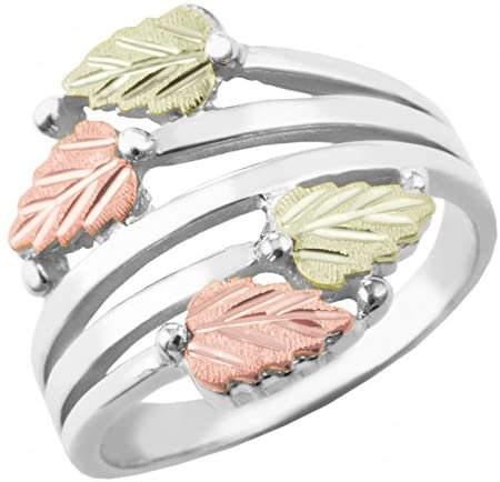 Twin Bypass Layered Vines Ring, Sterling Silver, 10k Yellow Gold, 12k Green and Rose Gold Black Hills Gold Motif, Size 8.75