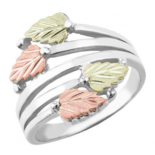 Twin Bypass Layered Vines Ring, Sterling Silver, 10k Yellow Gold, 12k Green and Rose Gold Black Hills Gold Motif