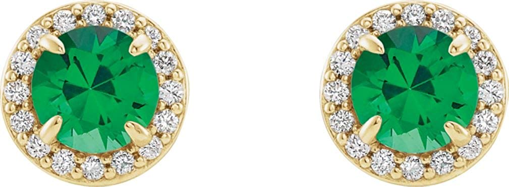 Chatham Created Emerald and Diamond Halo-Style Earrings, 14k Yellow Gold (4.5 MM) (.16 Ctw, G-H Color, I1 Clarity)