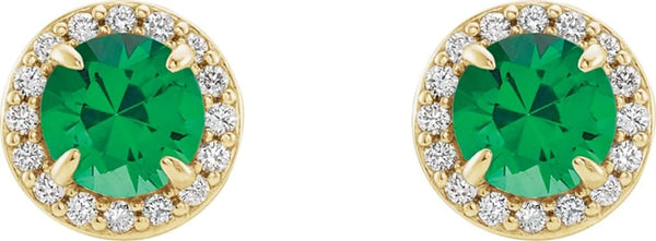 Chatham Created Emerald and Diamond Halo-Style Earrings, 14k Yellow Gold (4 MM) (.16 Ctw, G-H Color, I1 Clarity)