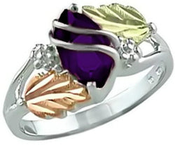 Marquise Created Amethyst February Birthstone Ring, Sterling Silver, 12k Green and Rose Gold Black Hills Gold Motif, Size 10