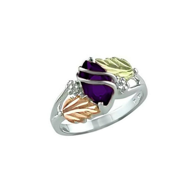 Marquise Created Amethyst February Birthstone Ring, Sterling Silver, 12k Green and Rose Gold Black Hills Gold Motif