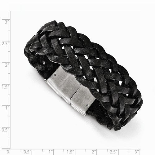 Men's Satin Back Stainless Steel Black Leather Bracelet, 8.25"