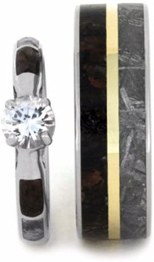 His and Hers Wedding Set, White Sapphire 10k White Gold Ring, Dinosaur Bone and Gibeon Meteorite Titanium Wedding Bands, M10-F7