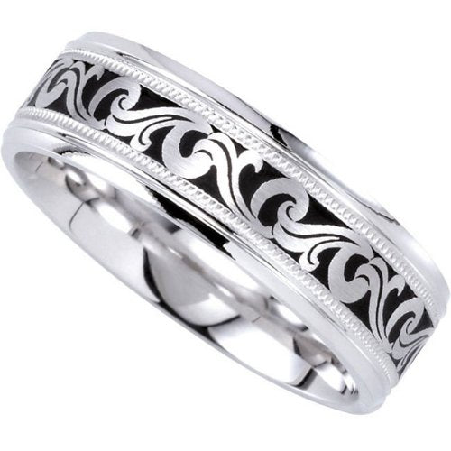 7mm 14k White Gold and Black Scrollwork and Milgrain Comfort Fit Band, Sizes 5 to 13