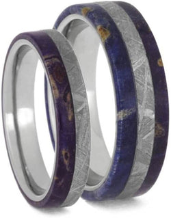 Gibeon Meteorite, Purple Box Elder Burl Comfort-Fit Titanium Couples Wedding Rings Size, M8-F7