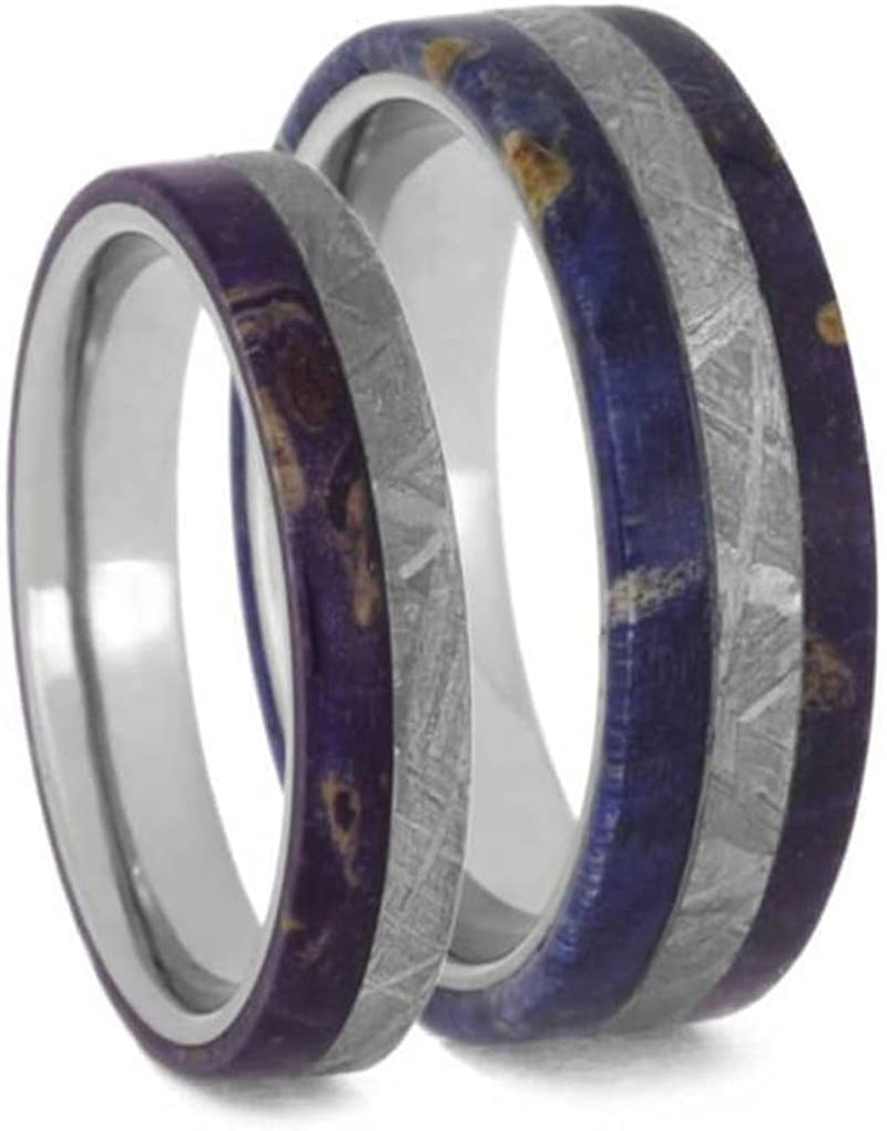 Gibeon Meteorite, Purple Box Elder Burl Comfort-Fit Titanium Couples Wedding Rings Size, M14.5-F7
