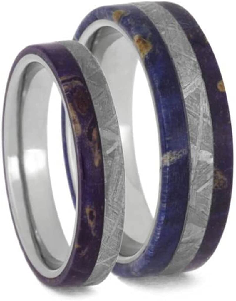 Gibeon Meteorite, Purple Box Elder Burl Comfort-Fit Titanium Couples Wedding Rings Size, M8-F9