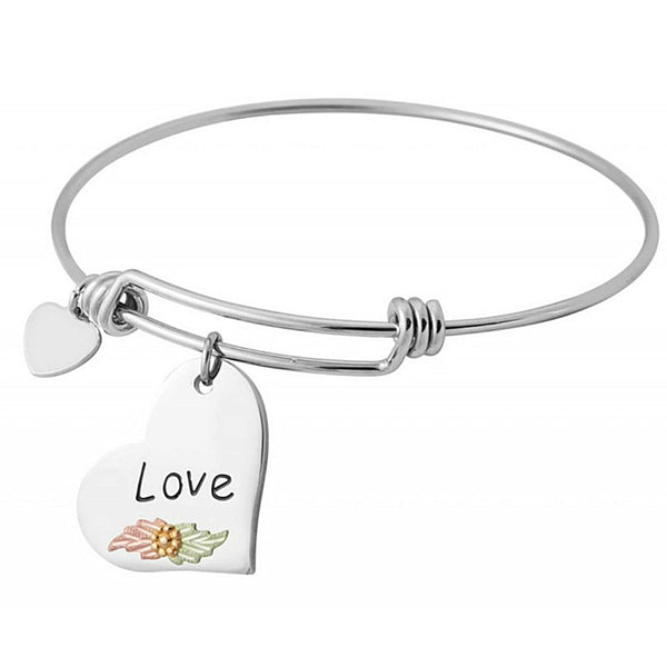 Love' Charm with Heart Wire Bracelet, Sterling Silver, 12k Green and Rose Gold Black Hills Gold Motif, 8"