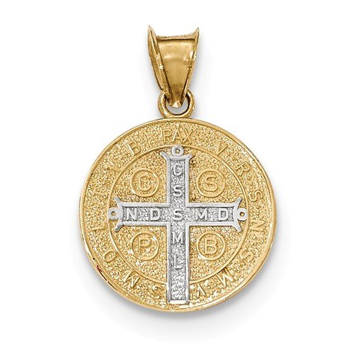 Rhodium-Plated 14k Yellow Gold Circle St. Benedict Medal Pendant