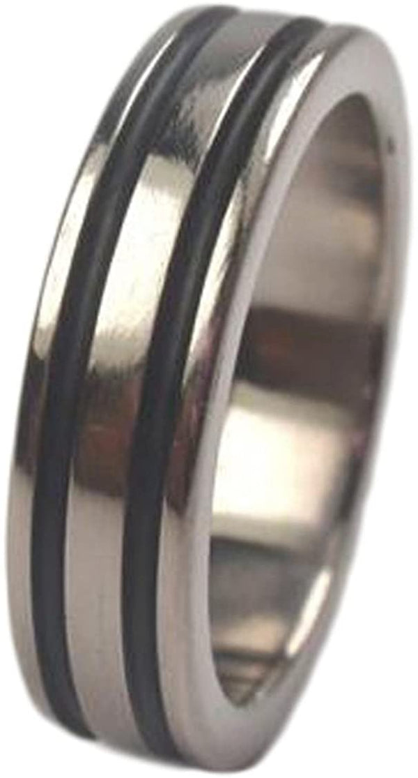 Black Grooved Pinstripes 6mm Comfort-Fit Titanium Wedding Band, Size 15.25