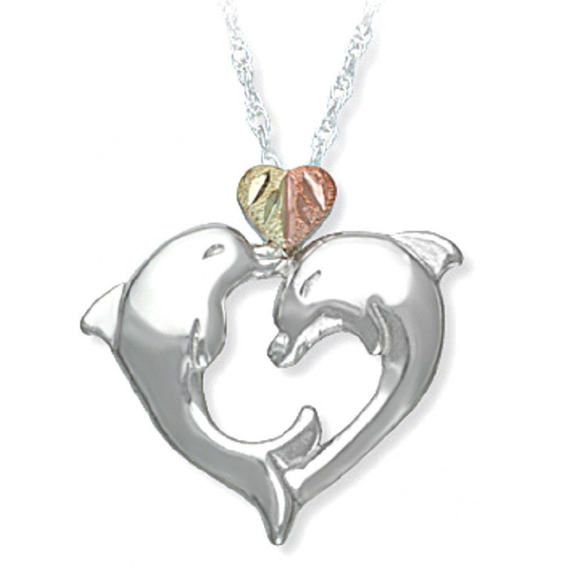 Happy Dolphins Heart Pendant Necklace, Sterling Silver, 12k Green and Rose Gold Black Hills Gold Motif, 18"