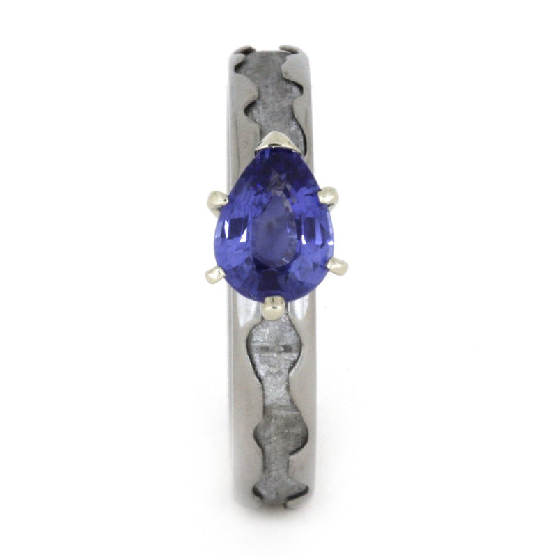 Created Blue Sapphire Pear,Gibeon Meteorite 4mm Comfort-Fit Titanium Engagement Band