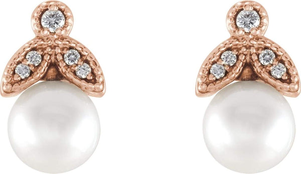 White Freshwater Cultured Pearl and Diamond Earrings, 14k Rose Gold (6-6.5MM) (.07 Ctw, GH Color, I1 Clarity)