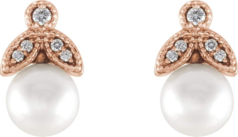 White Freshwater Cultured Pearl and Diamond Earrings, 14k Rose Gold (6-6.5MM) (.07 Ctw, GH Color, I1 Clarity)