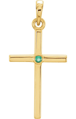 Emerald Inlay Cross 14k Yellow Gold Pendant (22.8x11.3MM)