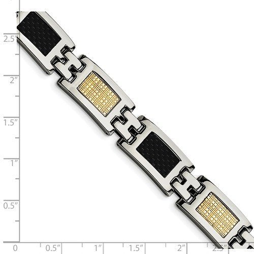 Men's Stainless Steel 12mm 14k Yellow Gold Filled and Carbon Fiber Inlay Bracelet, 8"