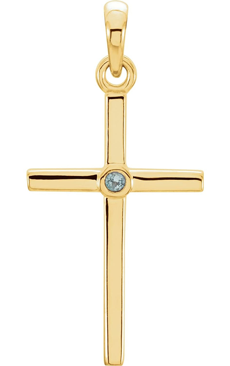 Aquamarine Inlay Cross 14k Yellow Gold Pendant (22.8x11.3MM)