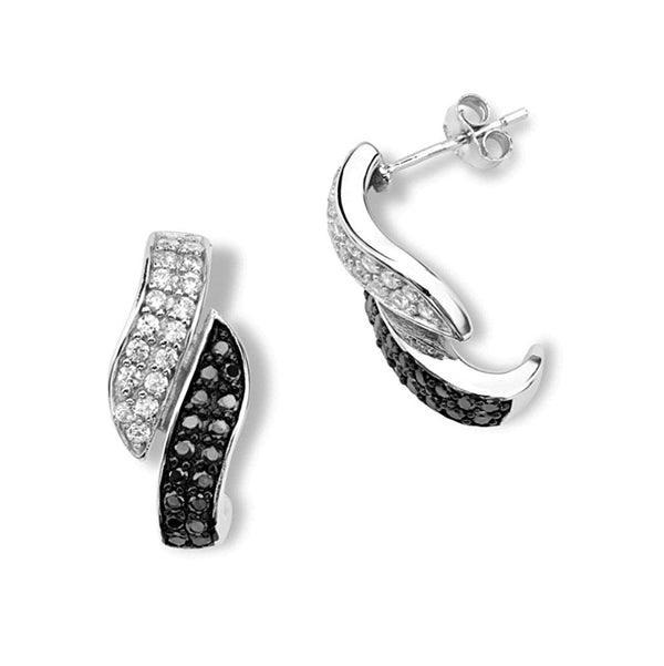 Black and White CZ Graceful Rhodium Plated Sterling Silver Earrings