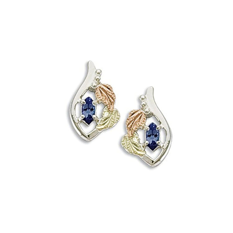 Ave 369 Created Blue Spinel Marquise September Birthstone Earrings, Sterling Silver, 12k Green and Rose Gold Black Hills Gold Motif