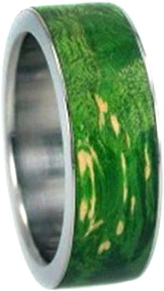 Interchangeable Wood Ring with Peridot Burl Wood Inlay 8 mm Comfort Fit Titanium Band, Size 5