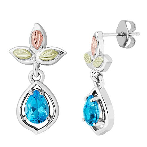 Inlaid Pear Blue Topaz Earrings, Sterling Silver, 12k Green and Rose Gold Black Hills Gold