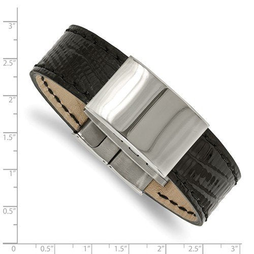 Men's Polished Stainless Steel Black Leather ID Bracelet, 8.5"