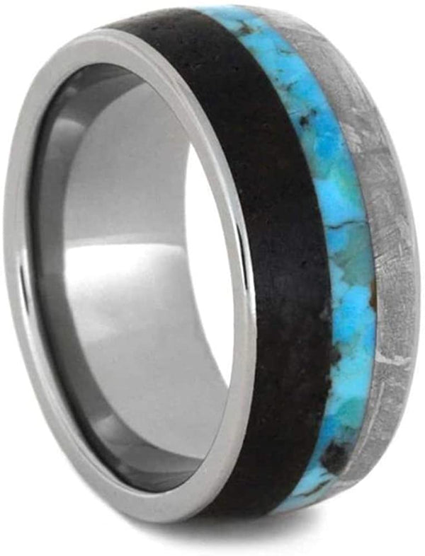 Turquoise, Dinosaur Bone, Gibeon Meteorite 10mm Comfort-Fit Titanium Wedding Ring, Size 11