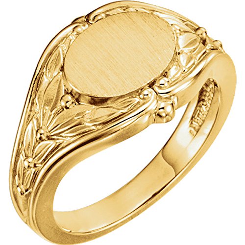 Women's Oval Floral Embossed Semi-Polished 18k Yellow Gold Signet Ring (10.2MM), Size 6