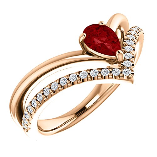 Chatham Created Ruby Pear and Diamond Chevron 14k Rose Gold Ring (.145 Ctw,G-H Color, I1 Clarity)