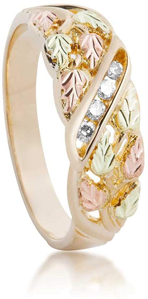 Ave 369 10k Yellow Gold, 12k Rose and Green Gold 4-Stone Diamond Black Hills Gold Band, His and Hers Wedding Ring Set