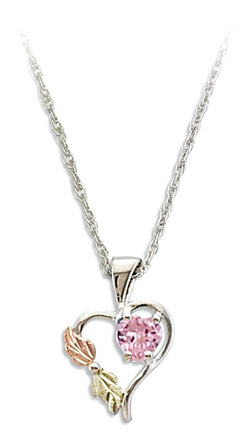 Pink Cubic Zirconia Heart Pendant Necklace, Sterling Silver, 12k Green and Rose Gold Black Hills Gold Motif, 18"