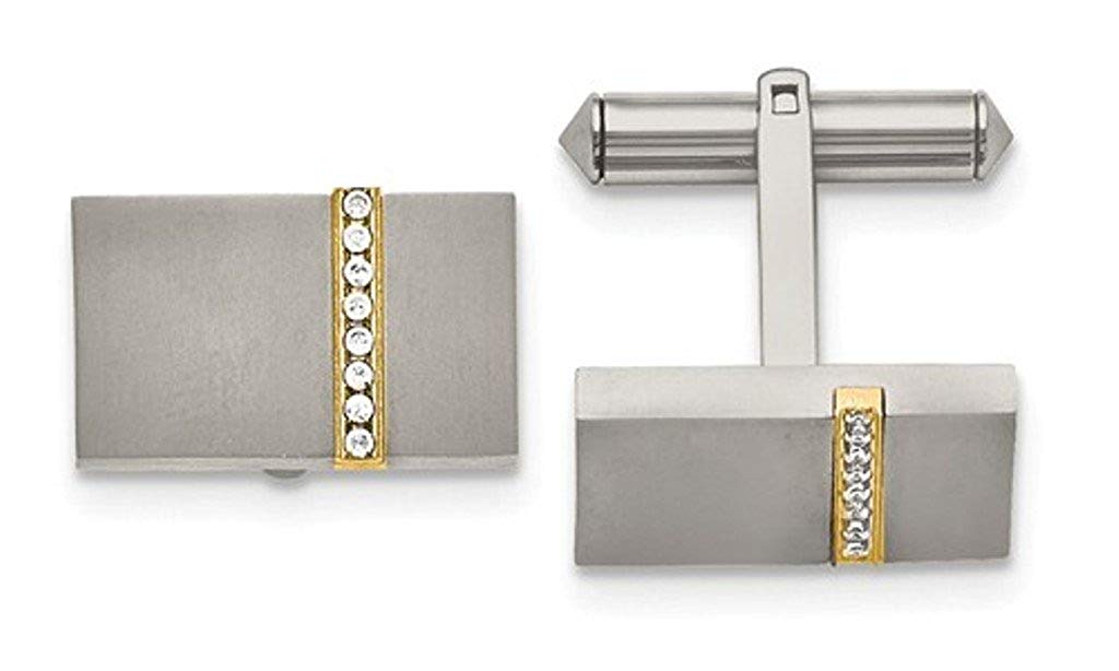 Yellow IP-Plated Grey Titanium Satin-Brushed Cubic Zirconia Rectangle Cuff Links