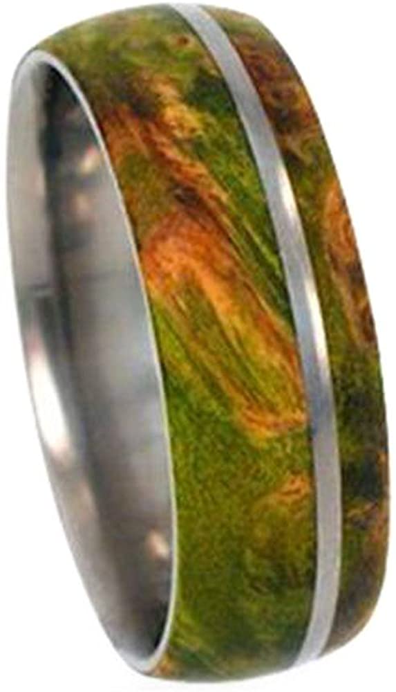 Peridot Box Elder Burl Wood 8mm Comfort-Fit Dome Titanium Band, Size 12