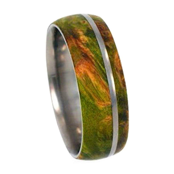 Green Box Elder Burl Wood 8mm Comfort Fit Titanium Wedding Band, Size 12.5