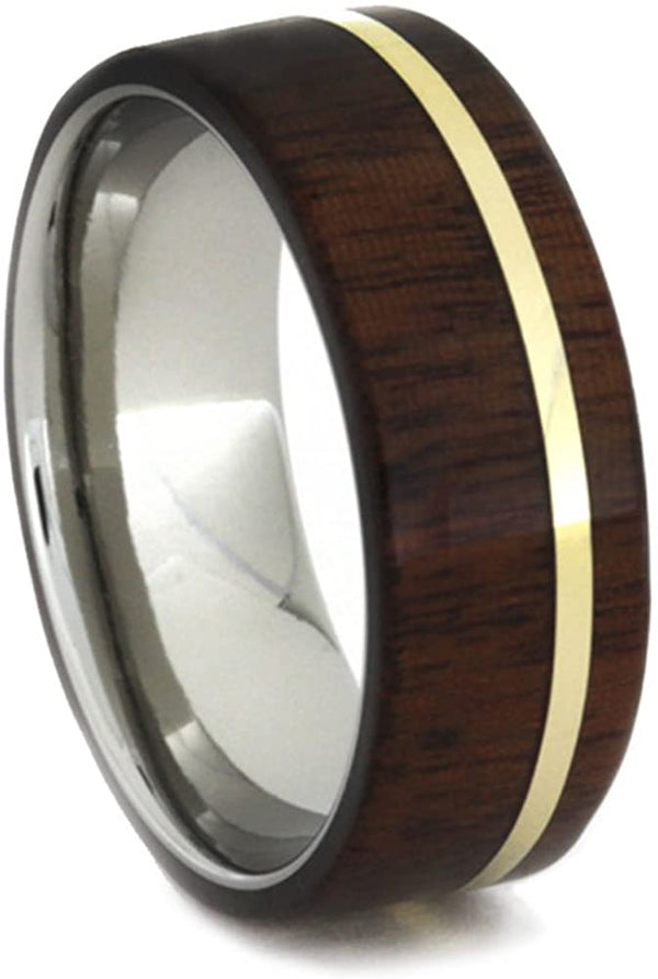 Ipe Wood, 14k Yellow Gold Pinstripe 8mm Comfort-Fit Matte Titanium Ring, Size 13.75