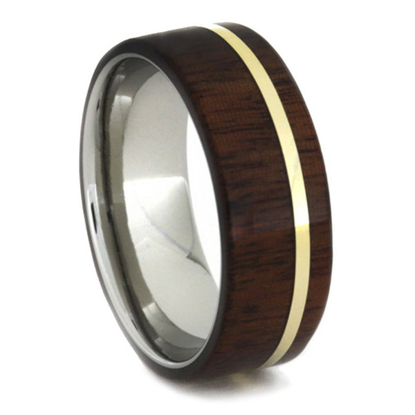 Ipe Wood, 14k Yellow Gold Pinstripe 8mm Comfort-Fit Matte Titanium Ring