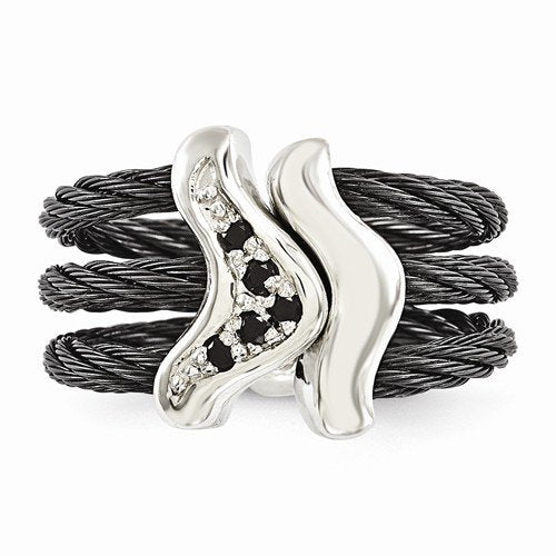Edward Mirell Black Titanium with Sterling Silver, Black Spinel 21mm Flexible Cable Ring