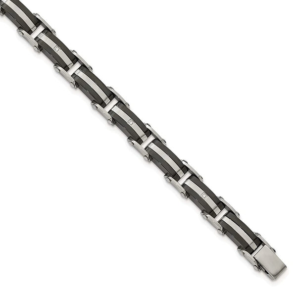 Men's Polished Stainless Steel CZ Black IP Link Bracelet, 7.75"