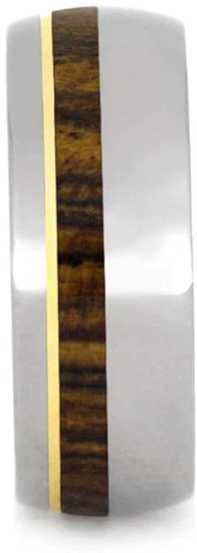 Men's Titanium Bocote Wood, 14k Yellow Gold Pinstripe 8mm Comfort-Fit Band, Handmade, Size 10.75