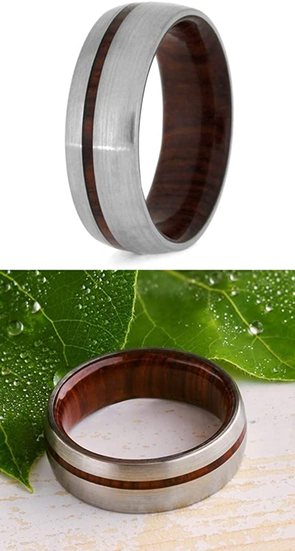 Brushed Titanium 8mm Comfort-Fit Cocobolo Wood Wedding Band, Size 4.75