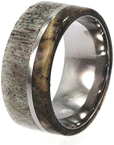 Deer Antler, Buckeye Burl 11mm Comfort Fit Titanium Wedding Band, Size 15.25